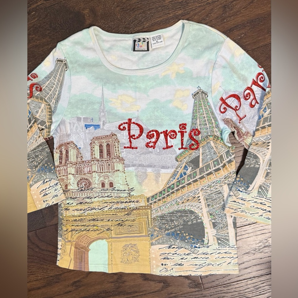 Vtg‎ Y2k Take Two Shirt Womens XL Bedazzled City Paris Graphic Print Top Beaded